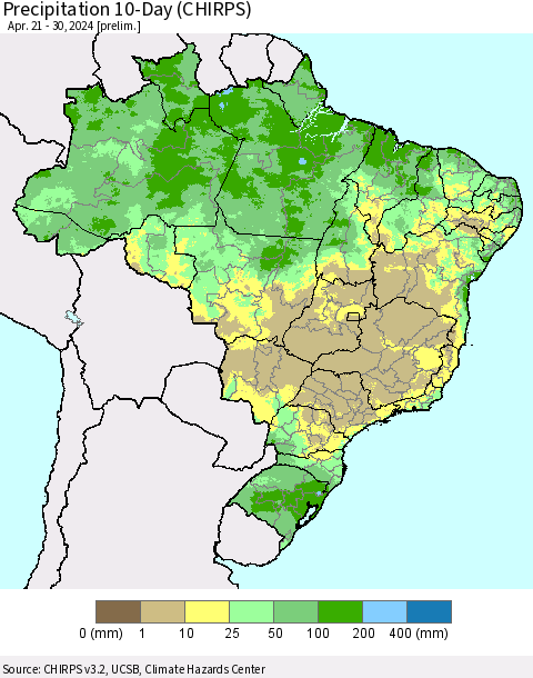 Brazil Precipitation 10-Day (CHIRPS) Thematic Map For 4/21/2024 - 4/30/2024