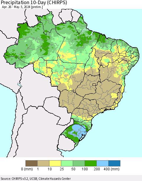 Brazil Precipitation 10-Day (CHIRPS) Thematic Map For 4/26/2024 - 5/5/2024