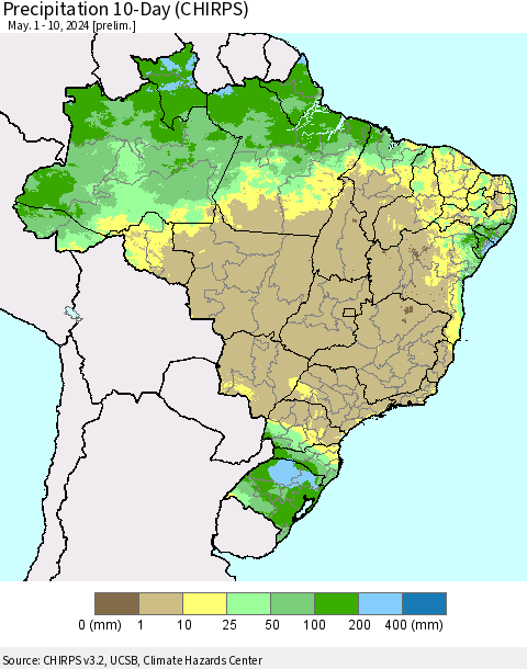 Brazil Precipitation 10-Day (CHIRPS) Thematic Map For 5/1/2024 - 5/10/2024