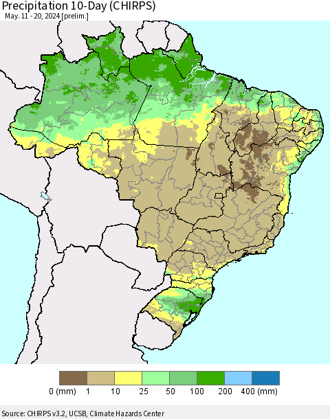 Brazil Precipitation 10-Day (CHIRPS) Thematic Map For 5/11/2024 - 5/20/2024