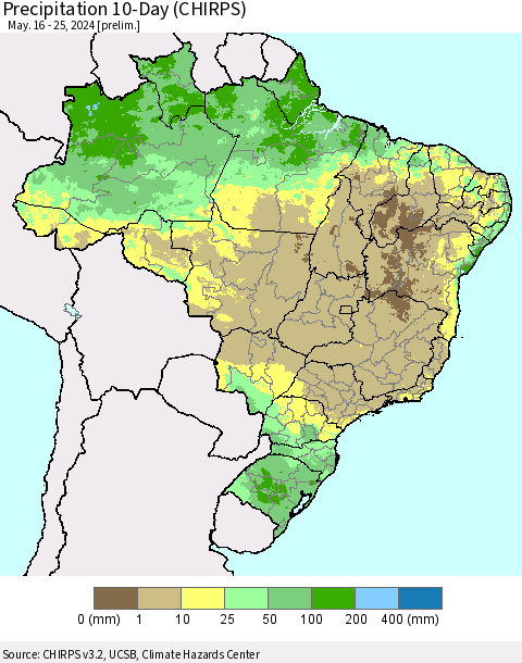 Brazil Precipitation 10-Day (CHIRPS) Thematic Map For 5/16/2024 - 5/25/2024