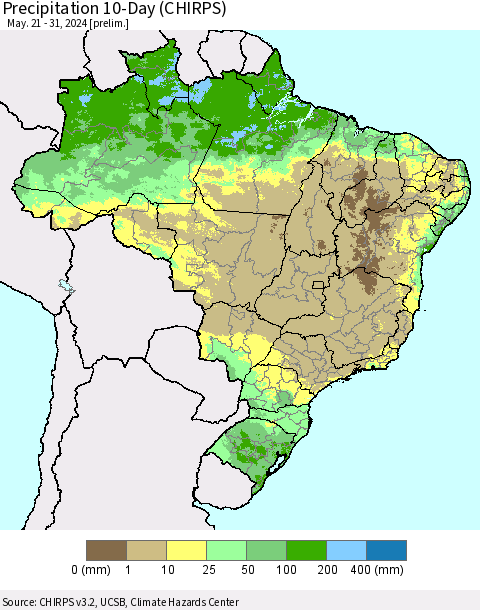 Brazil Precipitation 10-Day (CHIRPS) Thematic Map For 5/21/2024 - 5/31/2024