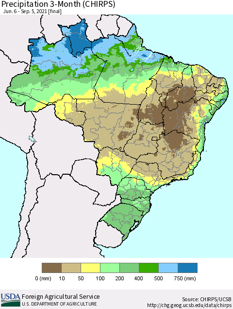 Brazil Precipitation 3-Month (CHIRPS) Thematic Map For 6/6/2021 - 9/5/2021