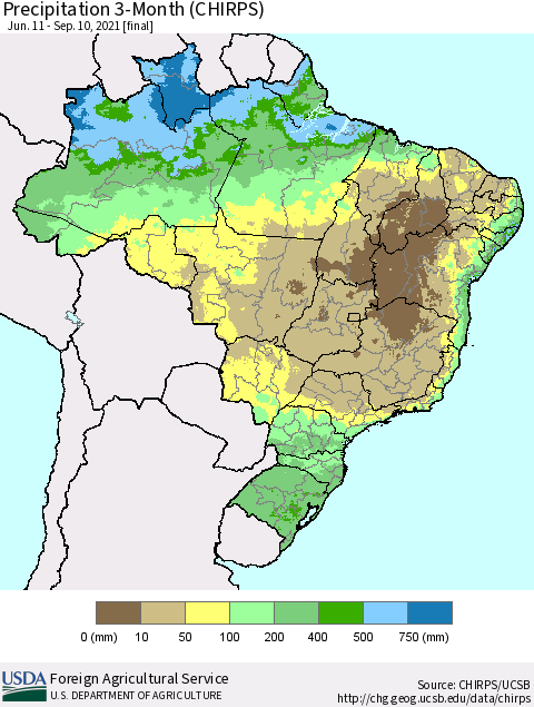 Brazil Precipitation 3-Month (CHIRPS) Thematic Map For 6/11/2021 - 9/10/2021