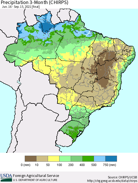 Brazil Precipitation 3-Month (CHIRPS) Thematic Map For 6/16/2021 - 9/15/2021