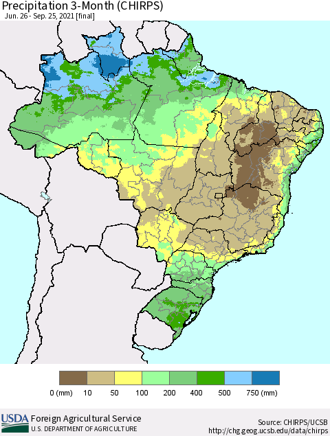 Brazil Precipitation 3-Month (CHIRPS) Thematic Map For 6/26/2021 - 9/25/2021