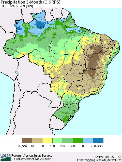 Brazil Precipitation 3-Month (CHIRPS) Thematic Map For 7/1/2021 - 9/30/2021