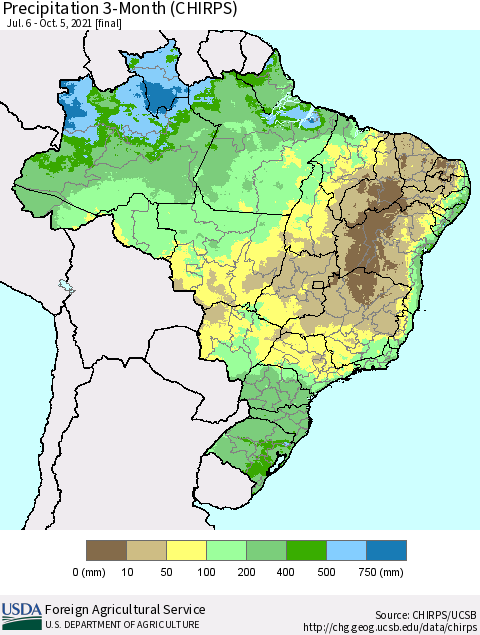 Brazil Precipitation 3-Month (CHIRPS) Thematic Map For 7/6/2021 - 10/5/2021