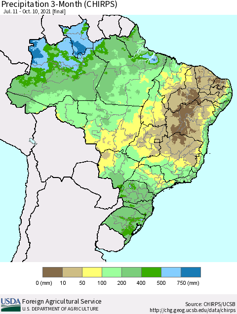Brazil Precipitation 3-Month (CHIRPS) Thematic Map For 7/11/2021 - 10/10/2021