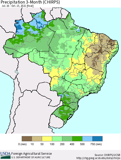 Brazil Precipitation 3-Month (CHIRPS) Thematic Map For 7/16/2021 - 10/15/2021