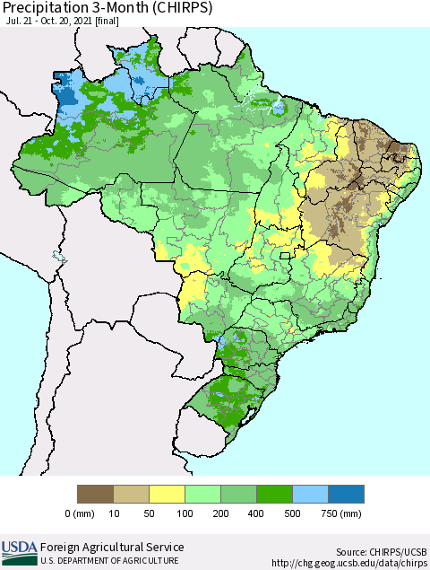 Brazil Precipitation 3-Month (CHIRPS) Thematic Map For 7/21/2021 - 10/20/2021