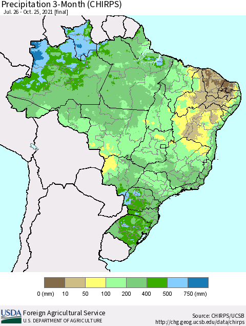 Brazil Precipitation 3-Month (CHIRPS) Thematic Map For 7/26/2021 - 10/25/2021
