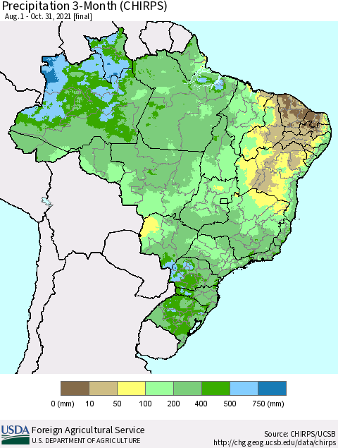 Brazil Precipitation 3-Month (CHIRPS) Thematic Map For 8/1/2021 - 10/31/2021