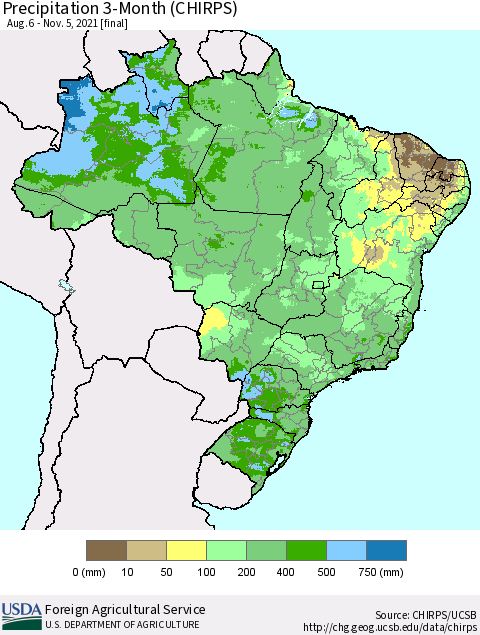 Brazil Precipitation 3-Month (CHIRPS) Thematic Map For 8/6/2021 - 11/5/2021