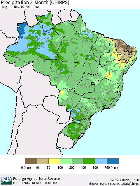 Brazil Precipitation 3-Month (CHIRPS) Thematic Map For 8/11/2021 - 11/10/2021