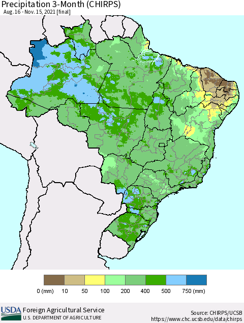 Brazil Precipitation 3-Month (CHIRPS) Thematic Map For 8/16/2021 - 11/15/2021