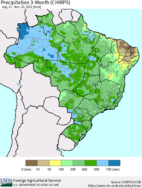 Brazil Precipitation 3-Month (CHIRPS) Thematic Map For 8/21/2021 - 11/20/2021