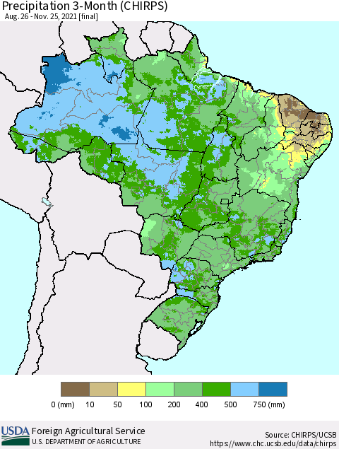 Brazil Precipitation 3-Month (CHIRPS) Thematic Map For 8/26/2021 - 11/25/2021