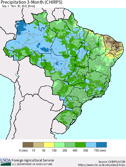 Brazil Precipitation 3-Month (CHIRPS) Thematic Map For 9/1/2021 - 11/30/2021