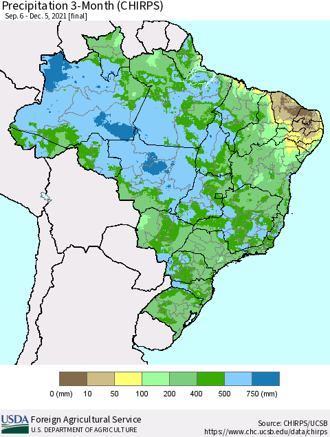 Brazil Precipitation 3-Month (CHIRPS) Thematic Map For 9/6/2021 - 12/5/2021