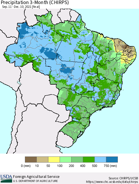 Brazil Precipitation 3-Month (CHIRPS) Thematic Map For 9/11/2021 - 12/10/2021