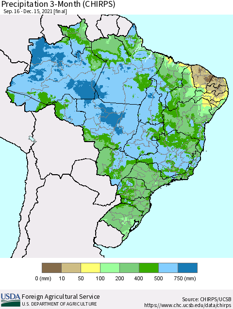 Brazil Precipitation 3-Month (CHIRPS) Thematic Map For 9/16/2021 - 12/15/2021