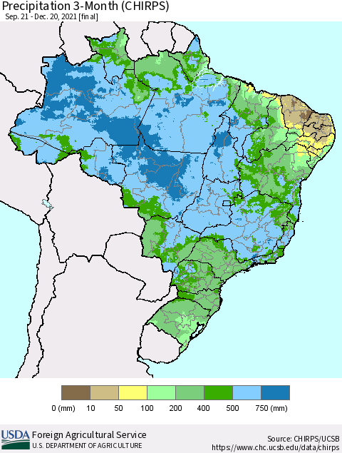 Brazil Precipitation 3-Month (CHIRPS) Thematic Map For 9/21/2021 - 12/20/2021