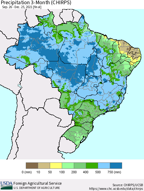 Brazil Precipitation 3-Month (CHIRPS) Thematic Map For 9/26/2021 - 12/25/2021