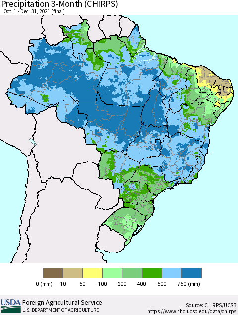 Brazil Precipitation 3-Month (CHIRPS) Thematic Map For 10/1/2021 - 12/31/2021
