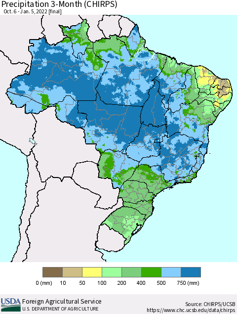 Brazil Precipitation 3-Month (CHIRPS) Thematic Map For 10/6/2021 - 1/5/2022