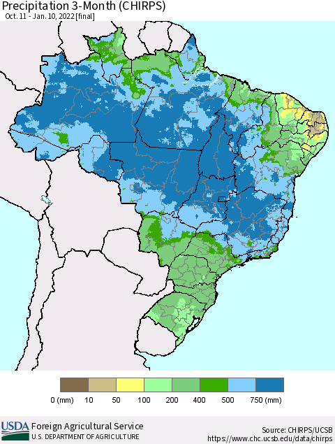 Brazil Precipitation 3-Month (CHIRPS) Thematic Map For 10/11/2021 - 1/10/2022