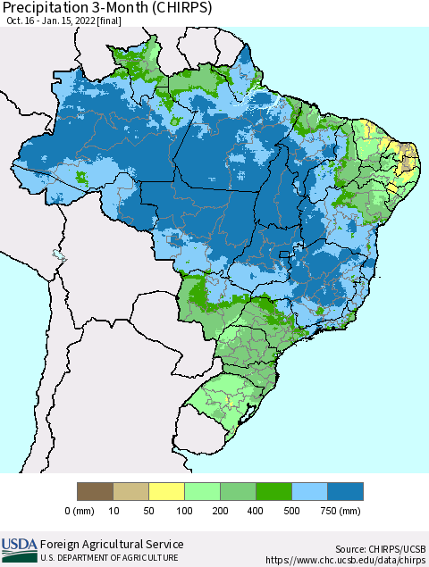 Brazil Precipitation 3-Month (CHIRPS) Thematic Map For 10/16/2021 - 1/15/2022