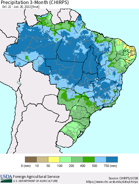 Brazil Precipitation 3-Month (CHIRPS) Thematic Map For 10/21/2021 - 1/20/2022
