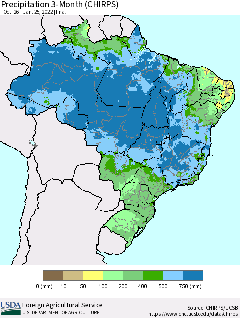 Brazil Precipitation 3-Month (CHIRPS) Thematic Map For 10/26/2021 - 1/25/2022