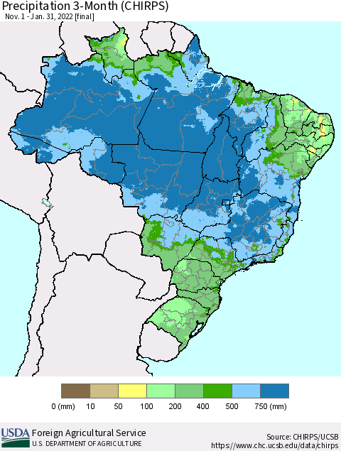 Brazil Precipitation 3-Month (CHIRPS) Thematic Map For 11/1/2021 - 1/31/2022