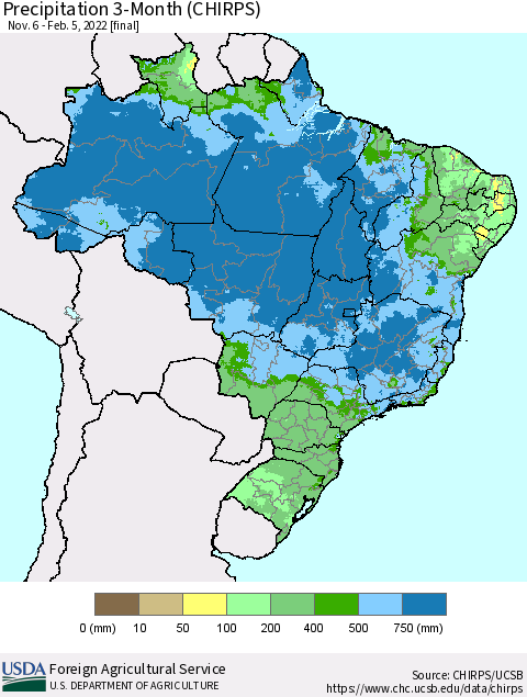 Brazil Precipitation 3-Month (CHIRPS) Thematic Map For 11/6/2021 - 2/5/2022