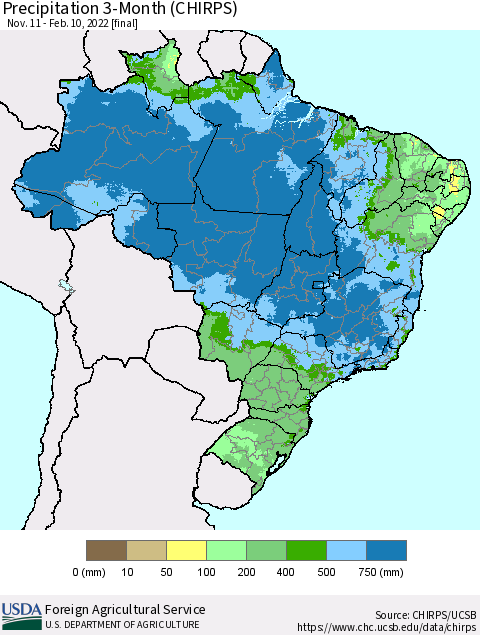 Brazil Precipitation 3-Month (CHIRPS) Thematic Map For 11/11/2021 - 2/10/2022