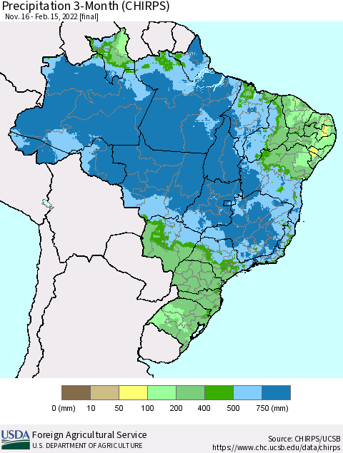 Brazil Precipitation 3-Month (CHIRPS) Thematic Map For 11/16/2021 - 2/15/2022