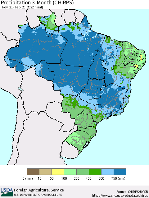 Brazil Precipitation 3-Month (CHIRPS) Thematic Map For 11/21/2021 - 2/20/2022