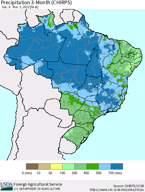 Brazil Precipitation 3-Month (CHIRPS) Thematic Map For 12/6/2021 - 3/5/2022