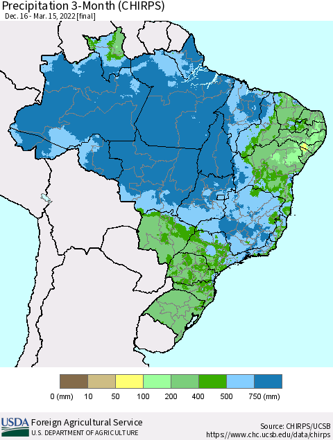 Brazil Precipitation 3-Month (CHIRPS) Thematic Map For 12/16/2021 - 3/15/2022