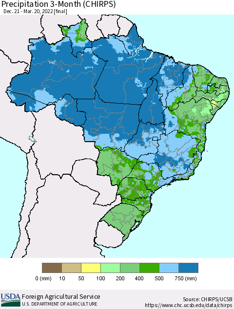 Brazil Precipitation 3-Month (CHIRPS) Thematic Map For 12/21/2021 - 3/20/2022