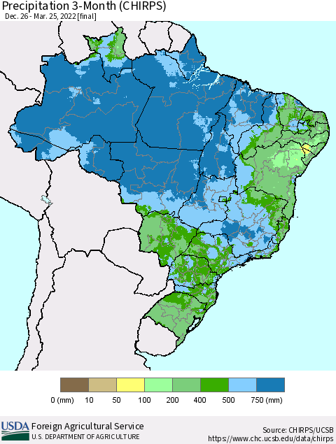 Brazil Precipitation 3-Month (CHIRPS) Thematic Map For 12/26/2021 - 3/25/2022