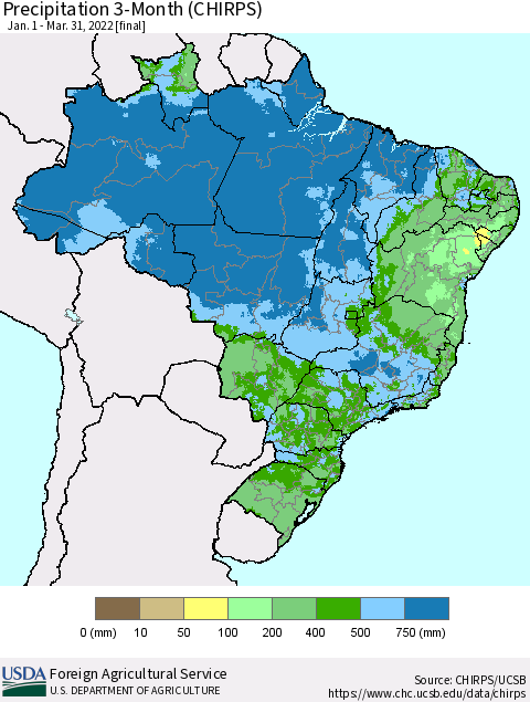 Brazil Precipitation 3-Month (CHIRPS) Thematic Map For 1/1/2022 - 3/31/2022