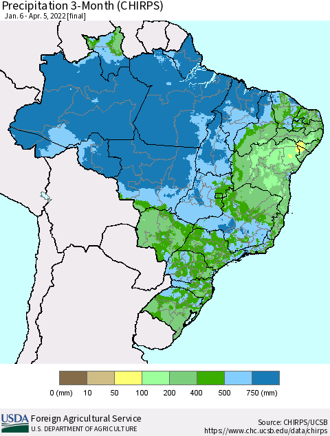 Brazil Precipitation 3-Month (CHIRPS) Thematic Map For 1/6/2022 - 4/5/2022
