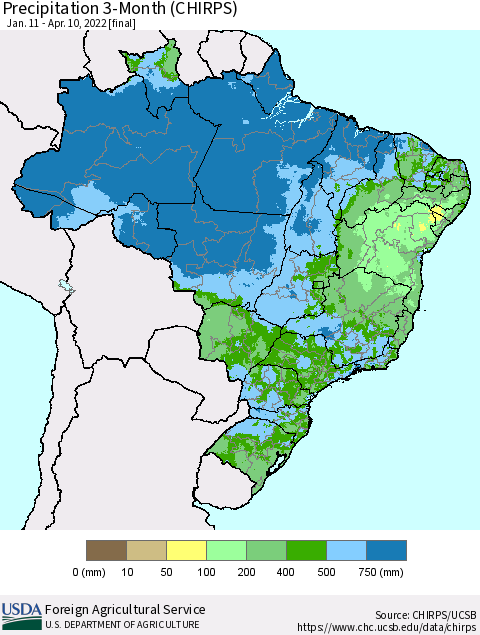 Brazil Precipitation 3-Month (CHIRPS) Thematic Map For 1/11/2022 - 4/10/2022