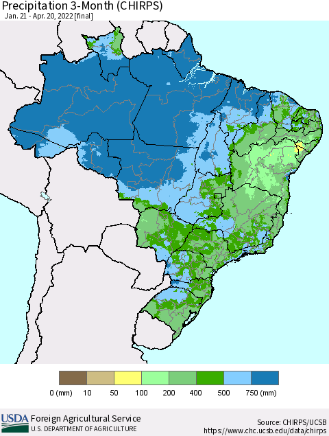 Brazil Precipitation 3-Month (CHIRPS) Thematic Map For 1/21/2022 - 4/20/2022