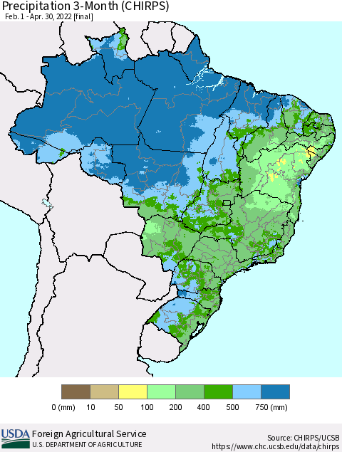 Brazil Precipitation 3-Month (CHIRPS) Thematic Map For 2/1/2022 - 4/30/2022