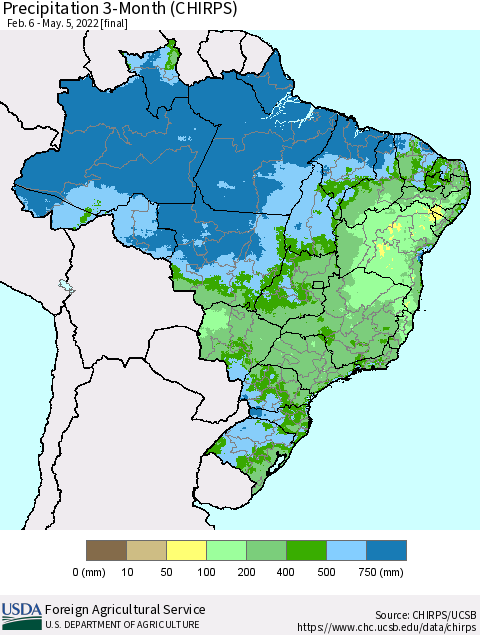 Brazil Precipitation 3-Month (CHIRPS) Thematic Map For 2/6/2022 - 5/5/2022