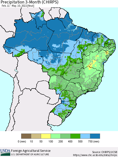 Brazil Precipitation 3-Month (CHIRPS) Thematic Map For 2/11/2022 - 5/10/2022